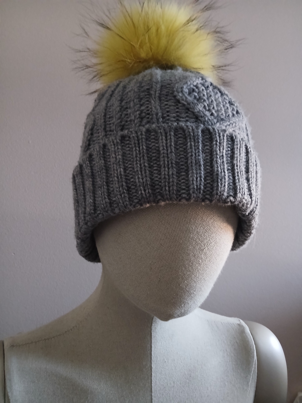 Cozy Gray Knit Women's Beanie with Yellow Pom